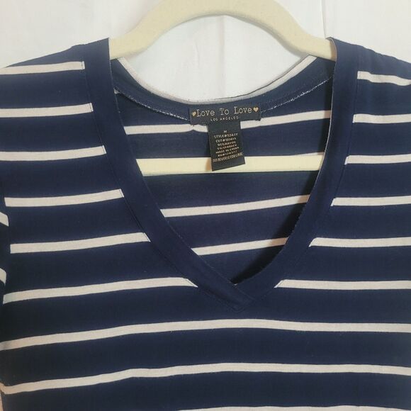Y2K Long V Neck Striped Tee Shirt Women's Size Medium Blue Nautical Love to Love - Picture 3 of 10